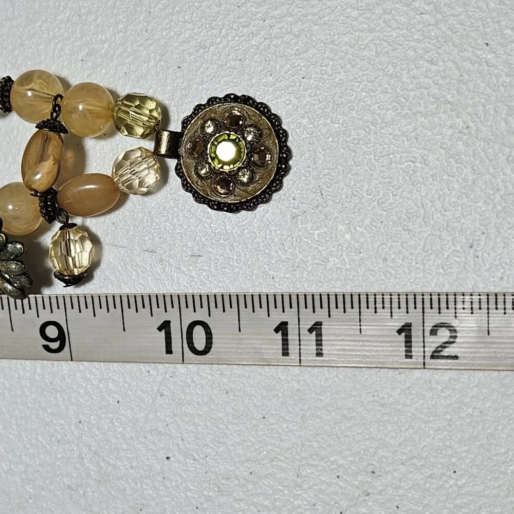Vintage Yellow Beaded Charm Necklace Green Rhinestone Floral Pendant Jewelry